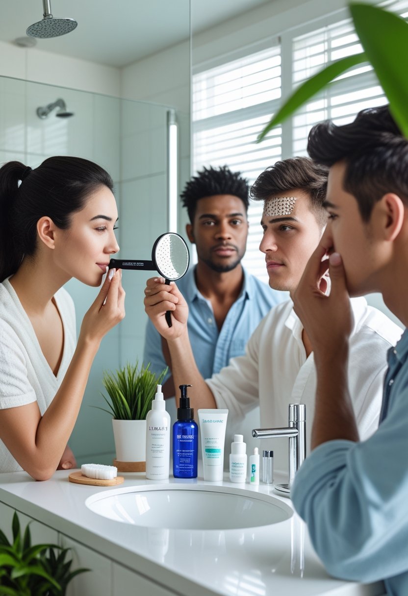 People in a bathroom using skincare tools and products to remove blackheads.